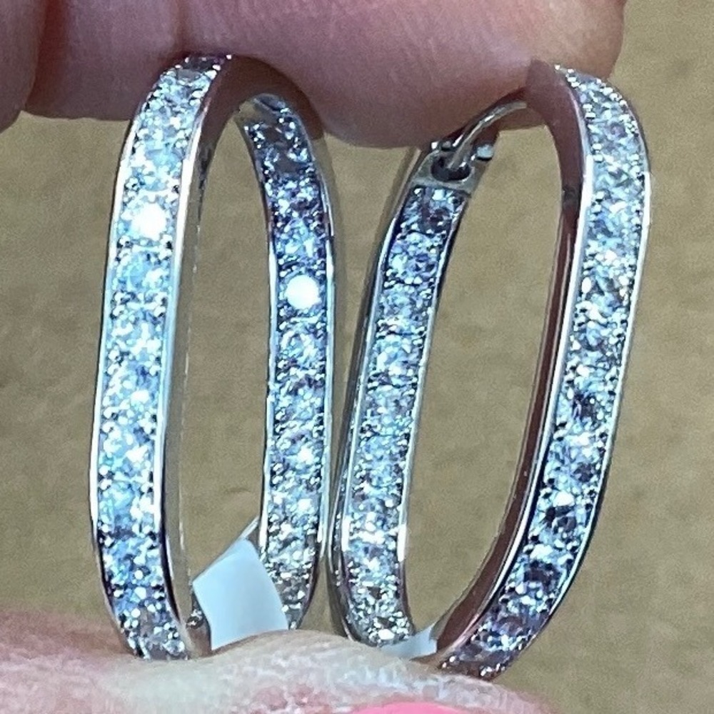 CZ Hoop Earrings Rhodium Plated Square‎ Huggie Earrings